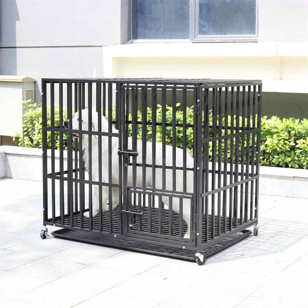 Heavy-Duty Dog Crate L XL XXL with 4 Locking Wheels, 3 Doors, Removable Tray, Metal Pet Playpen