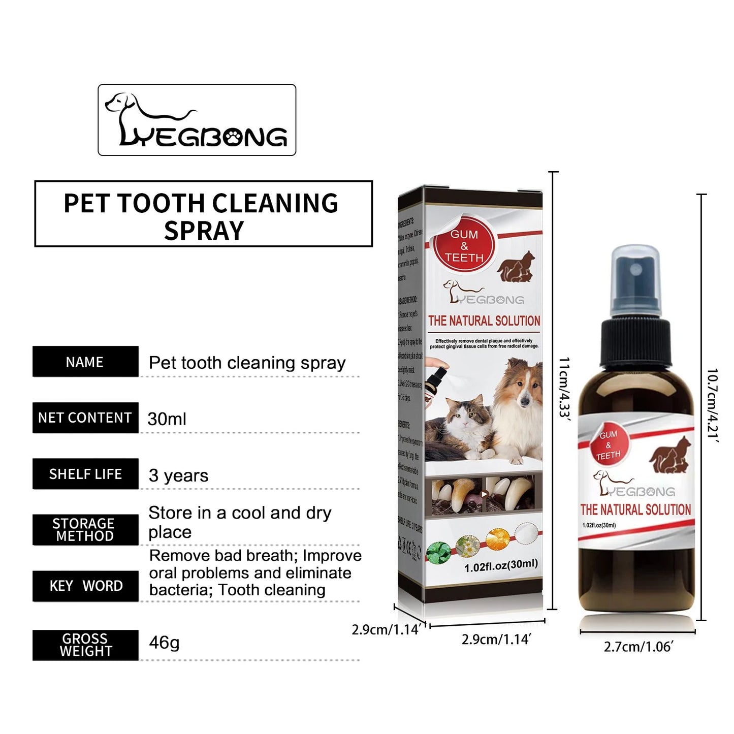 Pet Dental Cleaning Spray, Deodorizing Breath Freshener for Cats and Dogs, 30ml