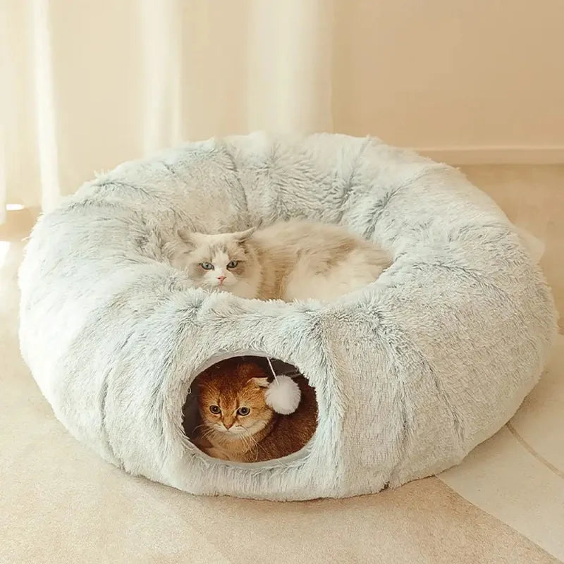 Plush Cat Bed with Tunnel, Donut Design