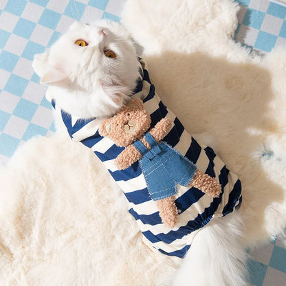 Kawaii Striped Cotton Onesie for Small Pets, Cartoon Pajamas for Chihuahua, Kitten