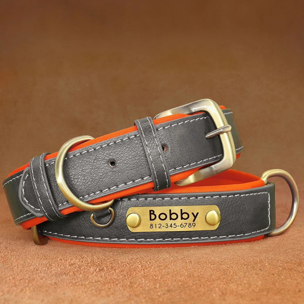 Personalized Leather Dog Collar with Engraved ID Tag - Soft Padded, Adjustable