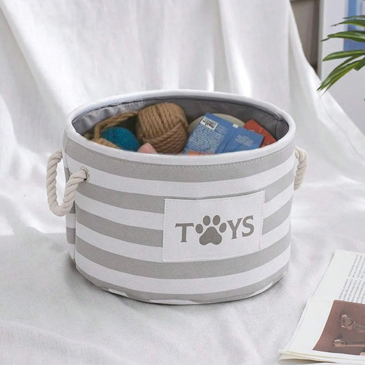 Foldable Striped Toy Basket for Pets, Toy Storage Box with Woven Rope Handles