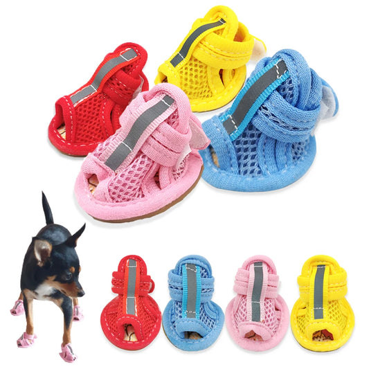 Breathable Reflective Dog Sandals – Non-Slip Summer Shoes for Small Dogs (Set of 4)