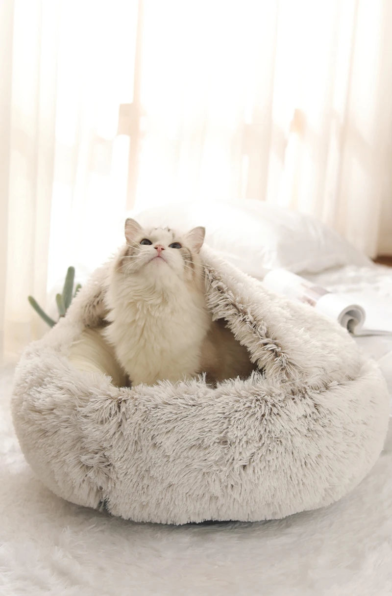 Round Plush Bed for Cats and Dogs with Cover