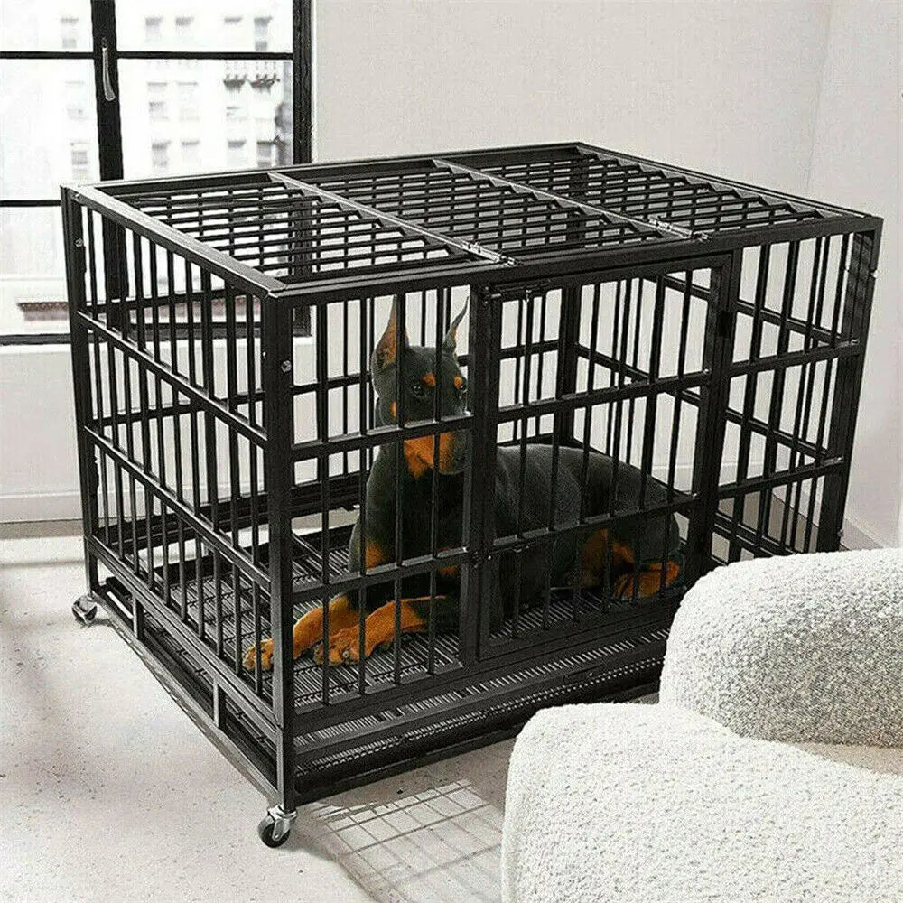 Heavy-Duty Dog Crate L XL XXL with 4 Locking Wheels, 3 Doors, Removable Tray, Metal Pet Playpen