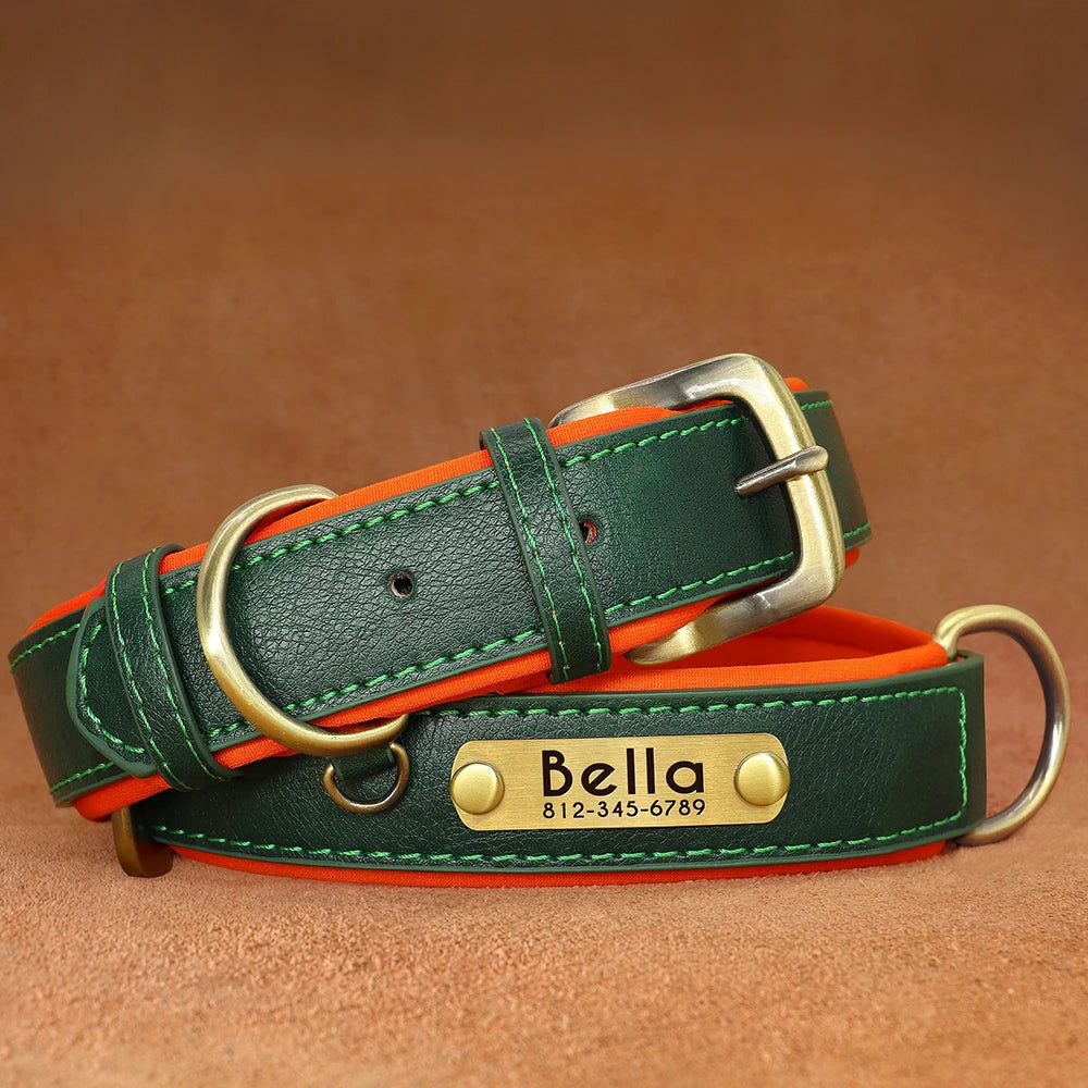 Personalized Leather Dog Collar with Engraved ID Tag - Soft Padded, Adjustable