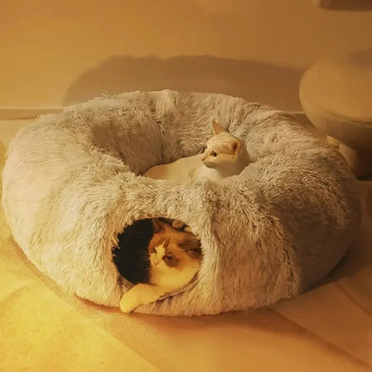 Plush Cat Bed with Tunnel, Donut Design