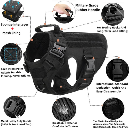 K9 Tactical Military Dog Vest with Leash - Training Harness for All Breeds