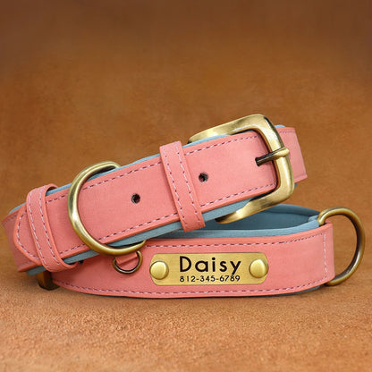 Personalized Leather Dog Collar with Engraved ID Tag - Soft Padded, Adjustable