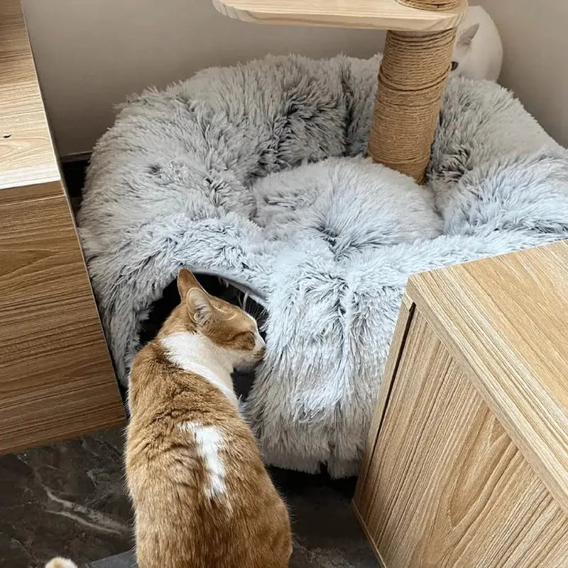 Plush Cat Bed with Tunnel, Donut Design