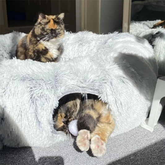 Plush Cat Bed with Tunnel, Donut Design