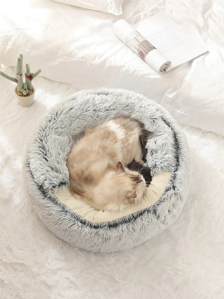 Round Plush Bed for Cats and Dogs with Cover