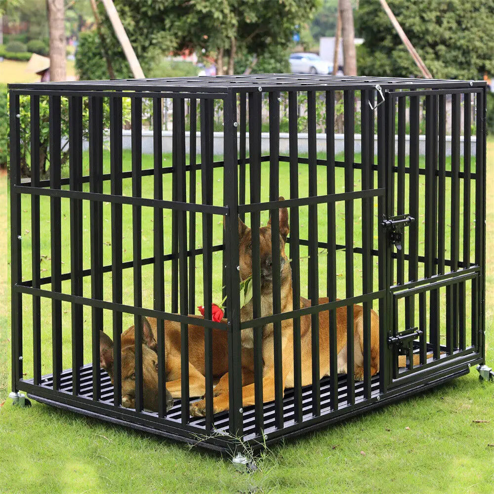 Heavy-Duty Dog Crate L XL XXL with 4 Locking Wheels, 3 Doors, Removable Tray, Metal Pet Playpen