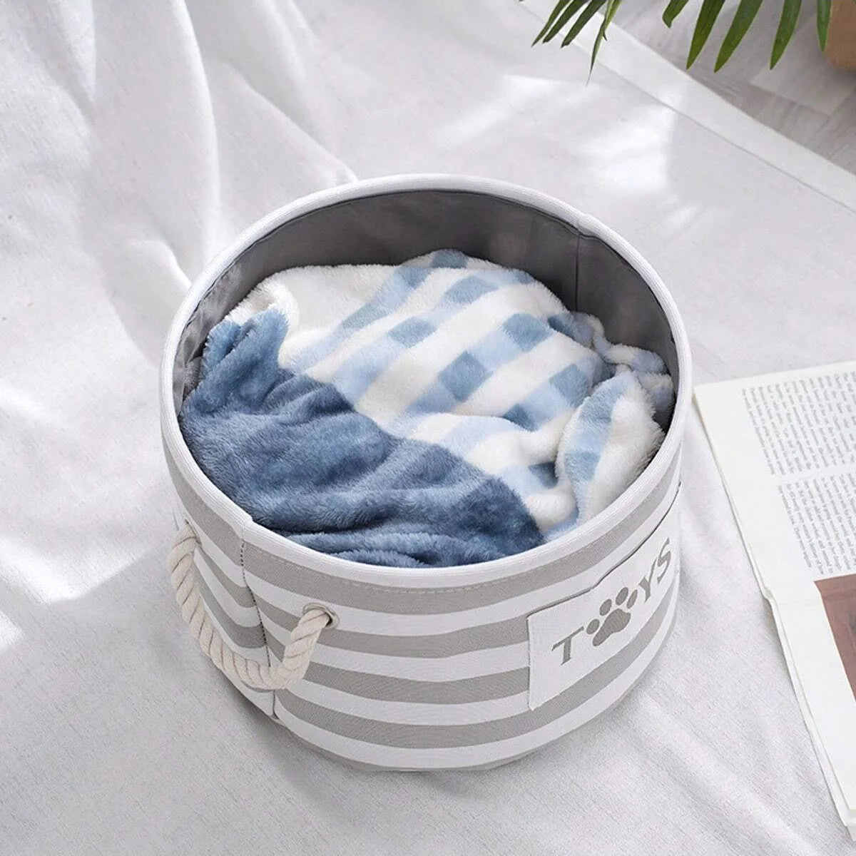 Foldable Striped Toy Basket for Pets, Toy Storage Box with Woven Rope Handles