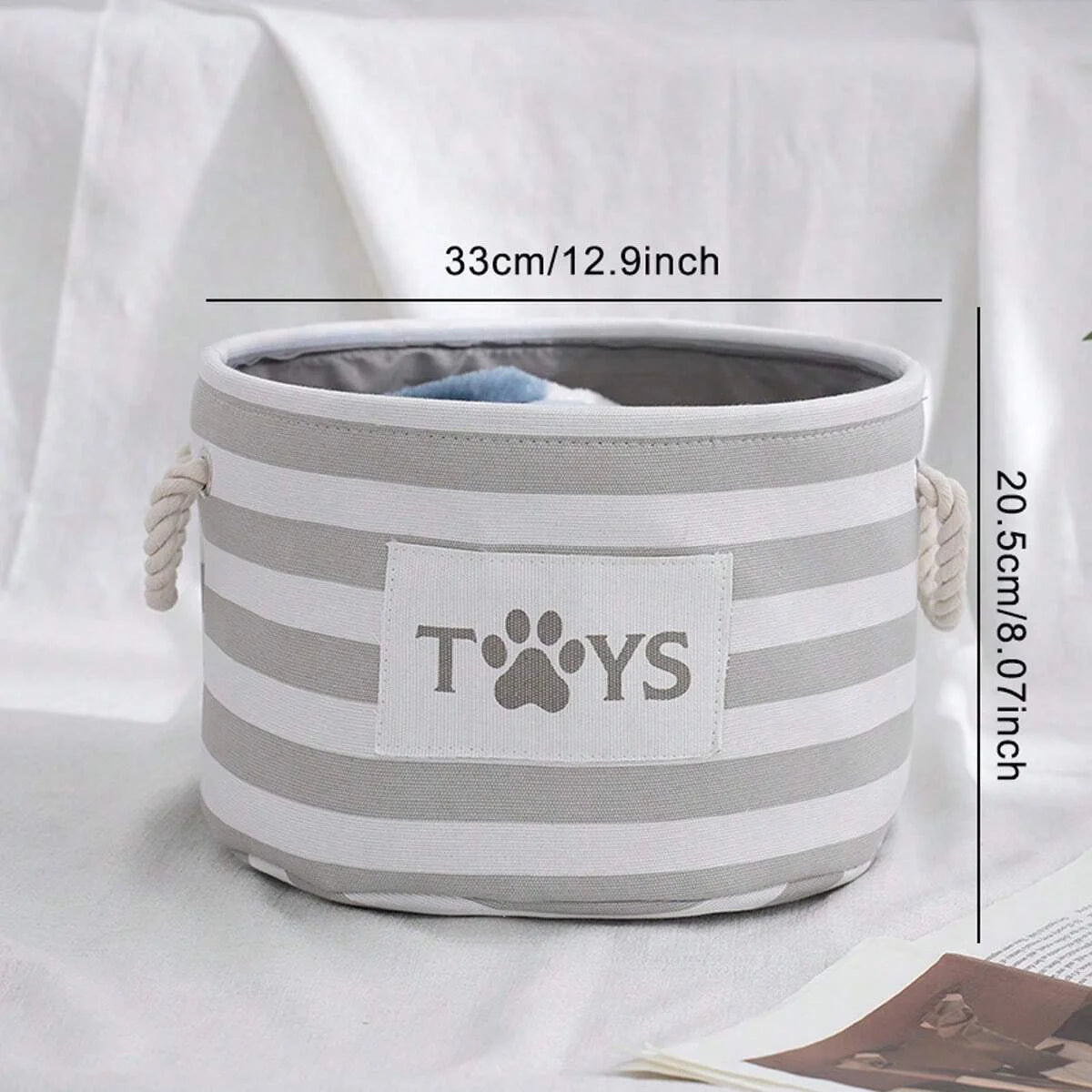 Foldable Striped Toy Basket for Pets, Toy Storage Box with Woven Rope Handles