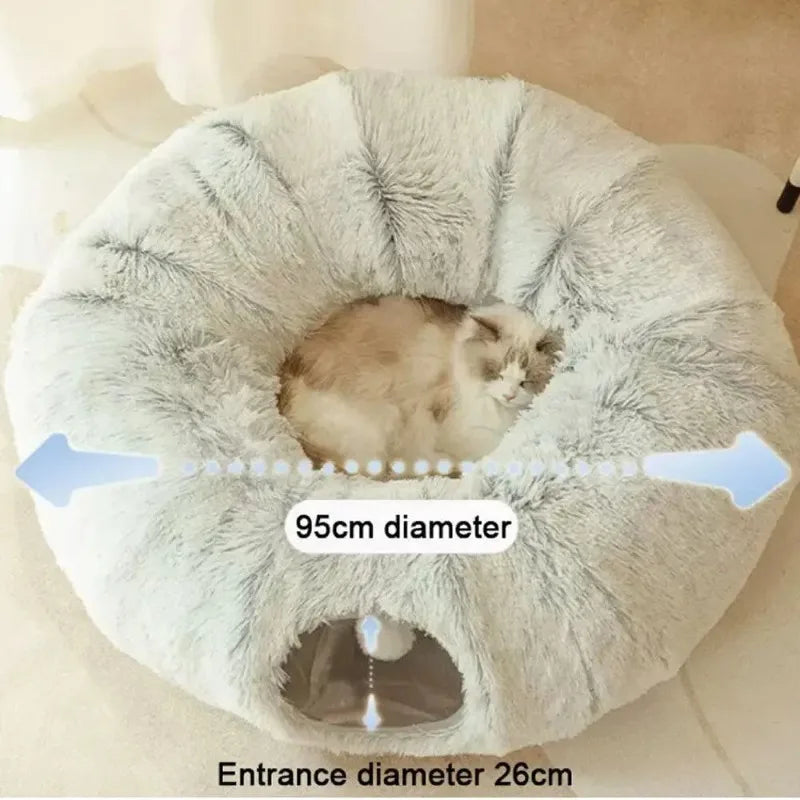 Plush Cat Bed with Tunnel, Donut Design