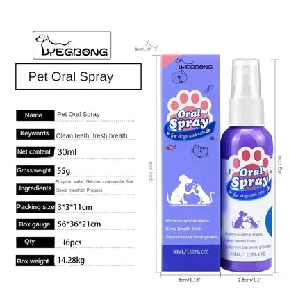 Pet Dental Cleaning Spray, Freshens Breath and Removes Stains for Cats and Dogs